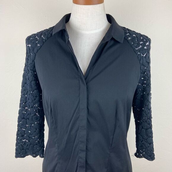 Lafayette 148 Collared 3/4 Lace-Sleeve Button-Down Shirt - Black - Picture 4 of 7